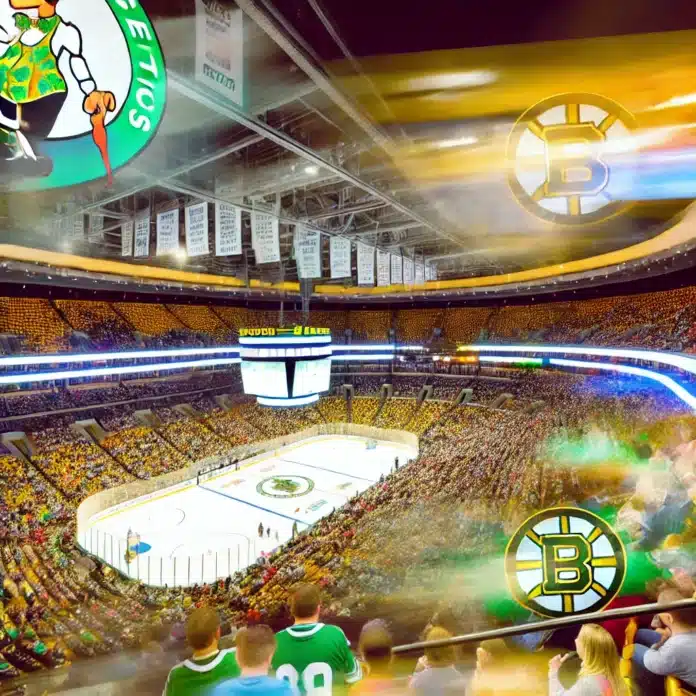 A vibrant and lively scene at TD Garden in Boston, showcasing a packed arena with fans cheering, the Celtics and Bruins logos prominently displayed, at TD garden