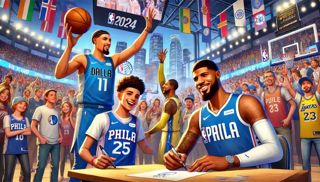 DALL·E 2024 07 31 16.15.49 A lively scene from NBA Free Agency 2024 showcasing player signings and interactions with fans. Klay Thompson in a Dallas Mavericks jersey is seen s TDGARDEN