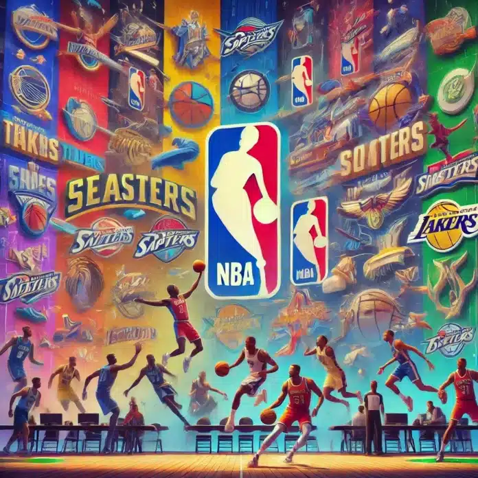 a group of basketball players in a room with many logos