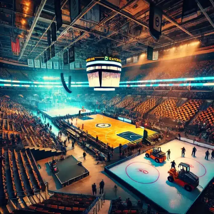 a basketball arena with people in the stands