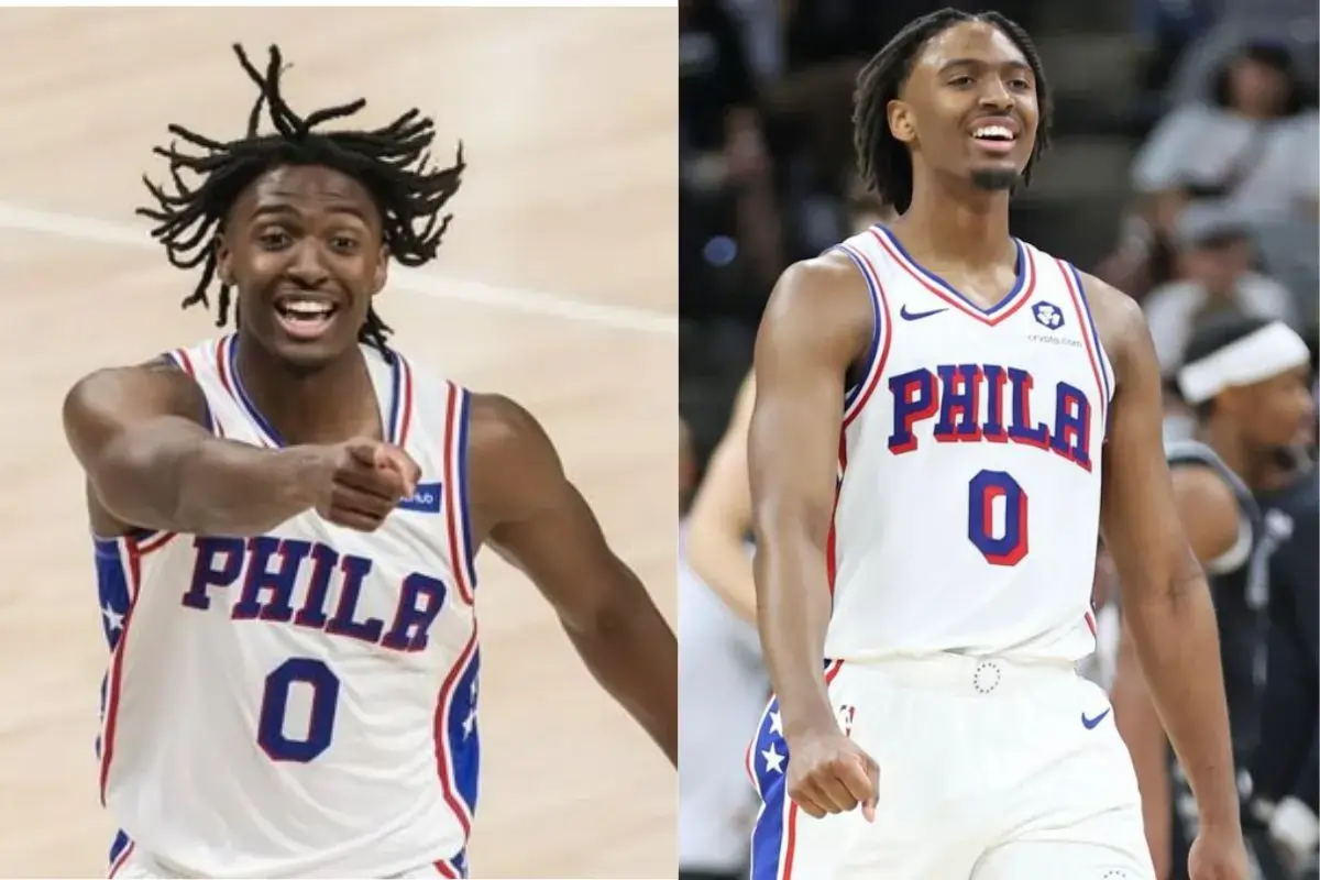 a collage of a basketball player Pic Of Tyrese Maxey - Tyrese Maxey has re-upped with the 76ers on a 5-year maximum extension. Photo credit X Twitter