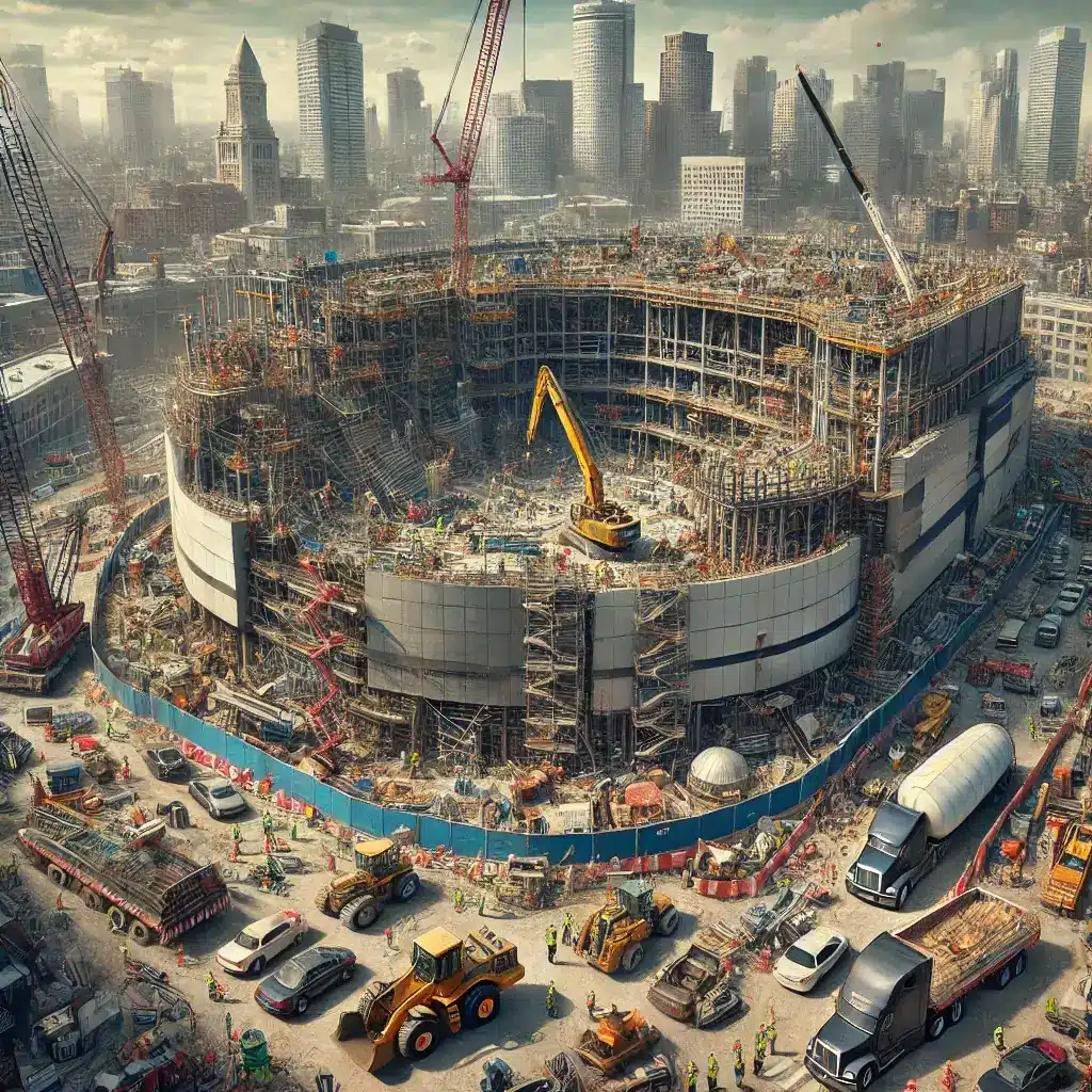  A construction site image showing the challenges faced during the building of TD Garden in Boston. The scene includes heavy construction machinery