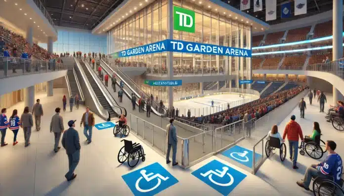 A detailed illustration of TD Garden arena focusing on accessibility features. The scene includes wide, clear ramps for wheelchair users, accessible Seats