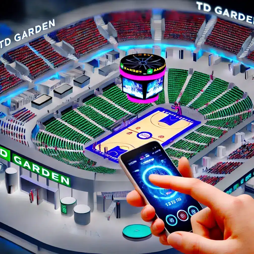 A detailed, interactive 3D map of TD Garden arena. The image showcases various seating sections, amenities like restrooms and concession stands, 