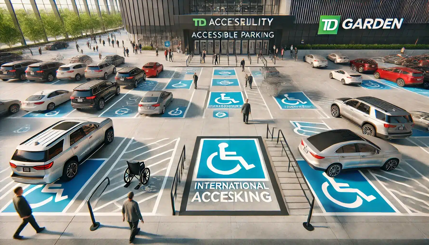 A detailed scene of an accessibility parking area at TD Garden. The image shows clearly marked parking spaces with the international accessibility symbol