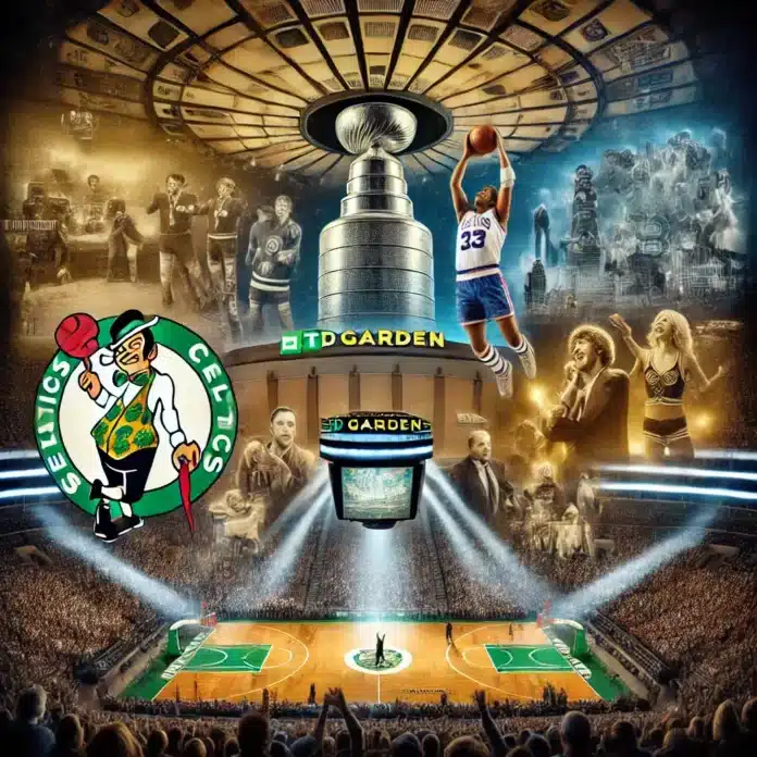 A dynamic collage capturing the top 10 historic moments at TD Garden. One side showcases iconic sports moments such as a Celtics player dunking