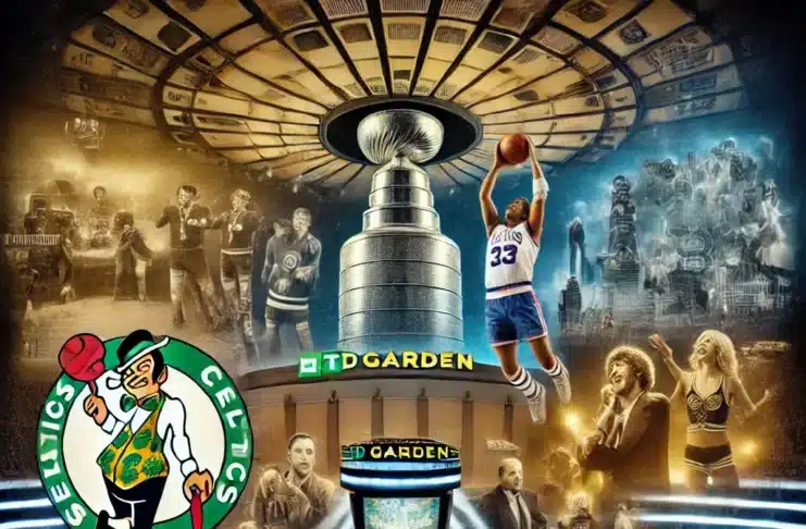A dynamic collage capturing the top 10 historic moments at TD Garden. One side showcases iconic sports moments such as a Celtics player dunking