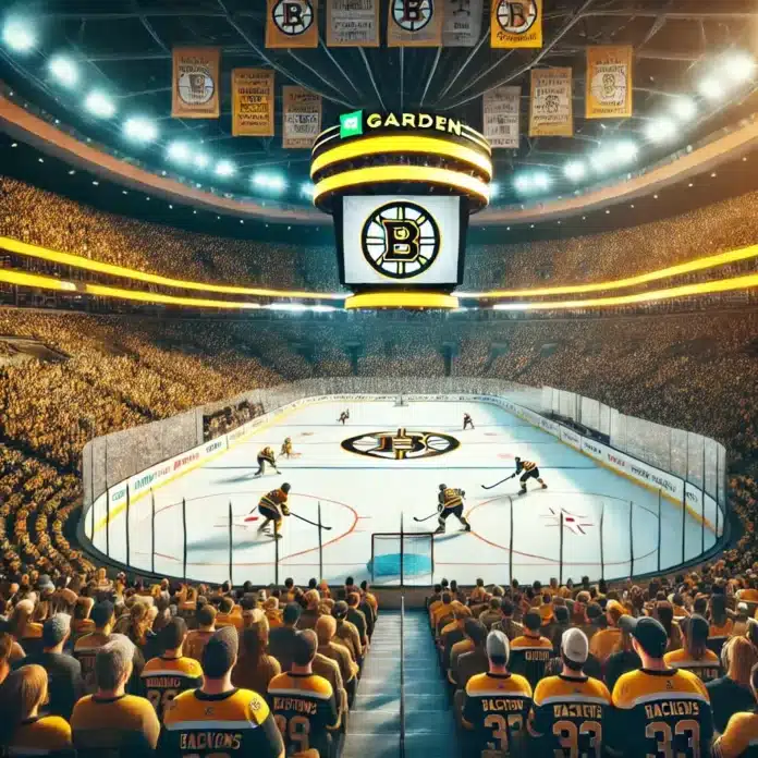 A dynamic image of a Bruins ice hockey game inside TD Garden. The stadium should be filled with fans wearing Bruins jerseys, with the hockey players i