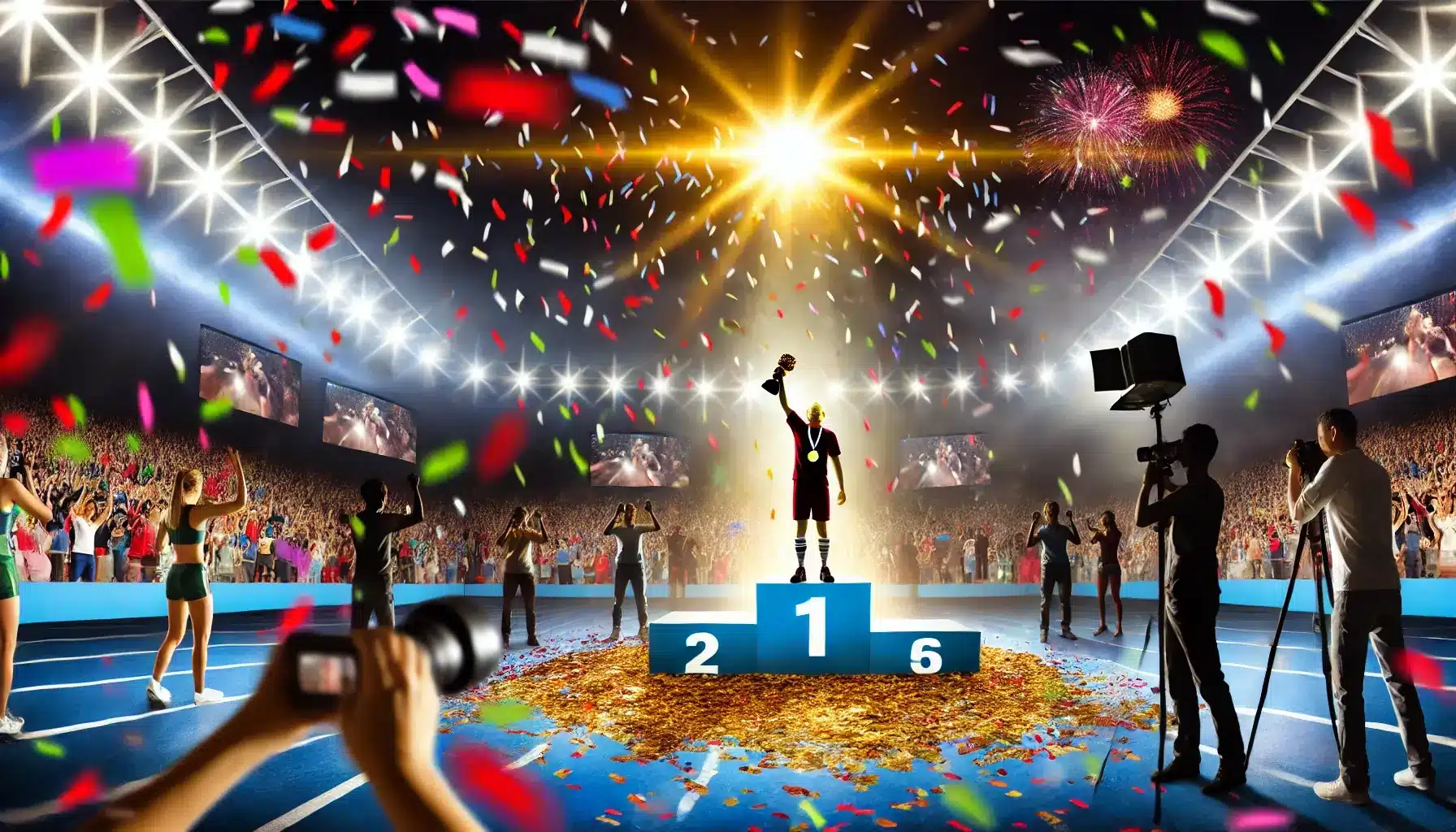 A dynamic scene showcasing the celebration of individual athletic achievements. A spotlight focuses on an athlete standing triumphantly on a podium,