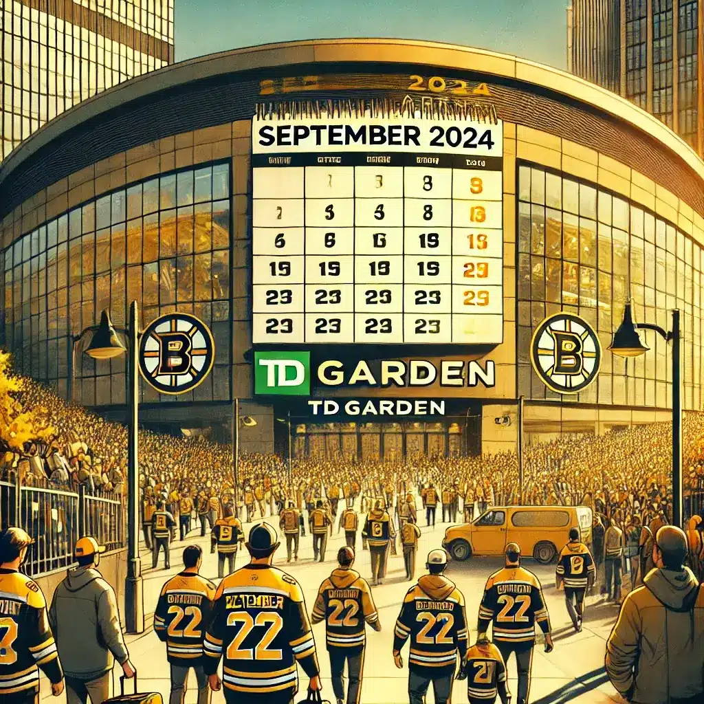 A featured image for a blog post about the September 2024 Bruins Game Schedule at TD Garden. The image should show the TD Garden arena with fans arrive