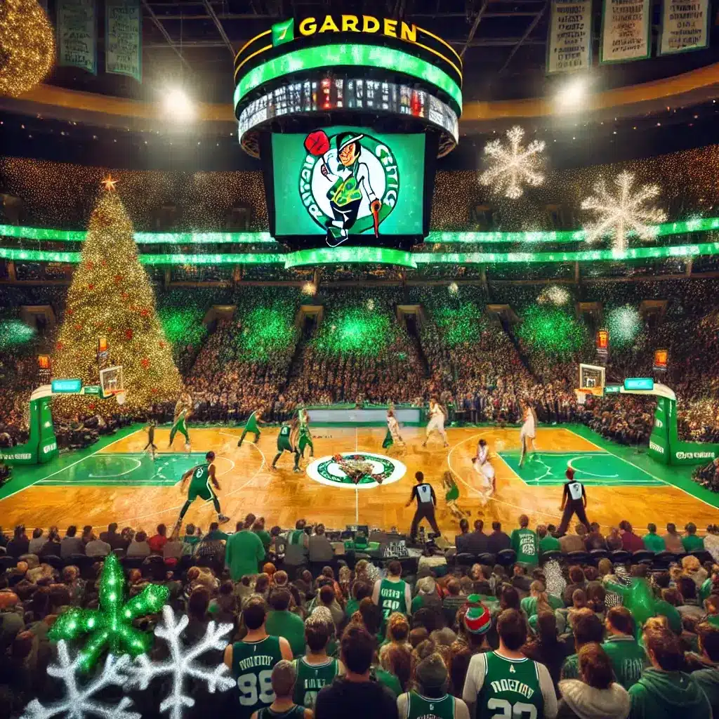 A festive basketball scene at TD Garden featuring Boston Celtics players in green jerseys during a holiday-themed game. The court is decorated with festive colors