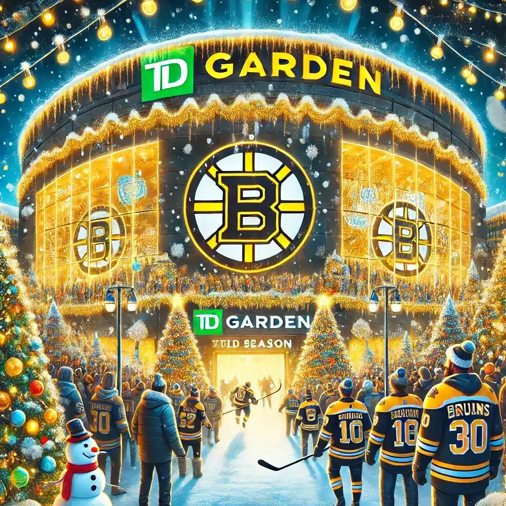  A  festive image for a blog post about the December 2024 Bruins Holiday Season Games at TD Garden. The scene should show TD Garden lit up with Lights and Christmas Tree