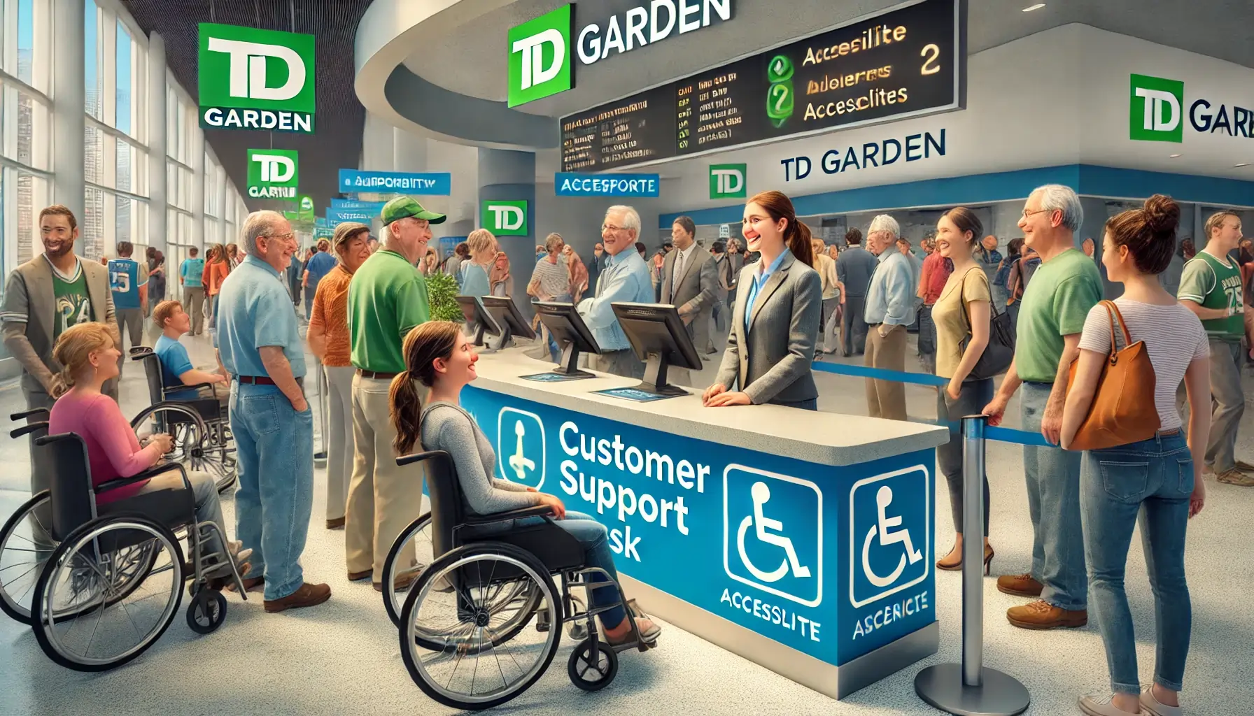 A friendly and helpful customer support desk at TD Garden, designed to assist people with accessibility needs. The scene shows a customer service reprentative