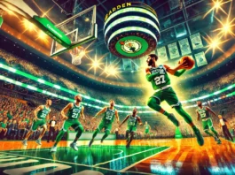 A image capturing the excitement of a Boston Celtics showdown. The scene features Celtics players in their bright green uniforms