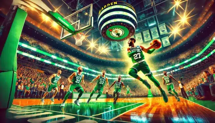 A image capturing the excitement of a Boston Celtics showdown. The scene features Celtics players in their bright green uniforms