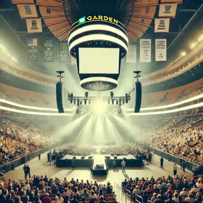 Non-Sporting event at Td Garden : A image of TD Garden in Boston during a non-sporting event, with a bright and airy atmosphere. The focus is on a stage set up