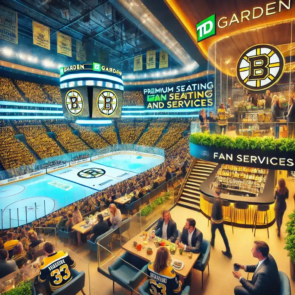 A image showcasing TD Garden amenities and services. The image should feature the interior of TD Garden, highlighting premium seating areas,