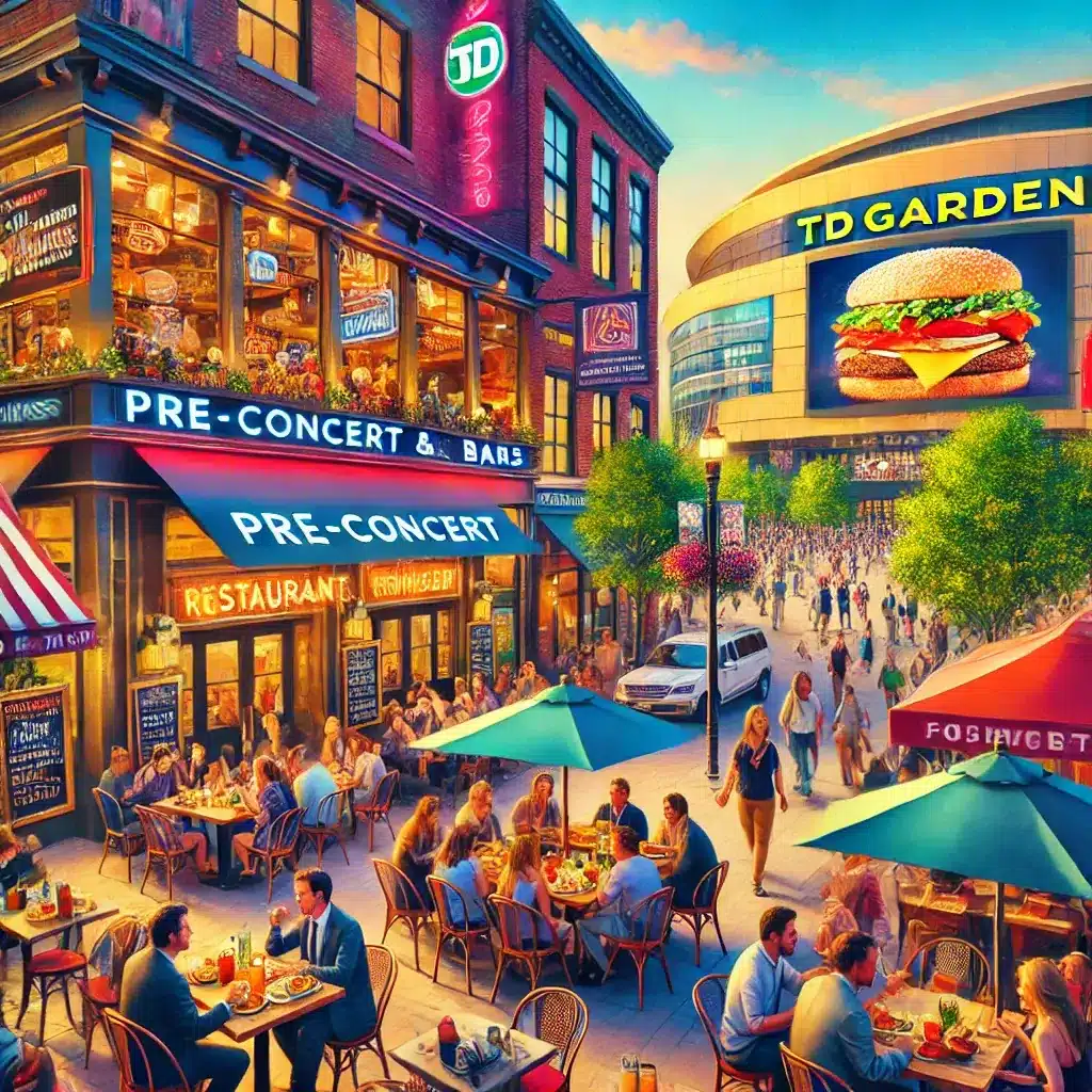 A  image showing pre-concert dining options near a large concert venue like TD Garden. The scene includes cozy restaurants, cafes, and bars 