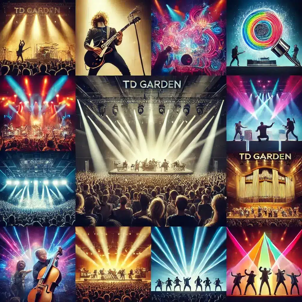 A image showing various types of concerts at a large venue like TD Garden. The scene includes a diverse range of musical genres 