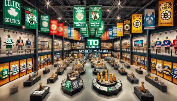 A interior shot of TD Garden's Sports Museum, showcasing an exhibit with championship banners, sports memorabilia, including jerseys, trophy