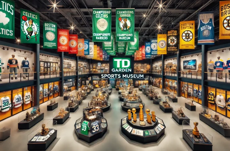 A interior shot of TD Garden's Sports Museum, showcasing an exhibit with championship banners, sports memorabilia, including jerseys, trophy