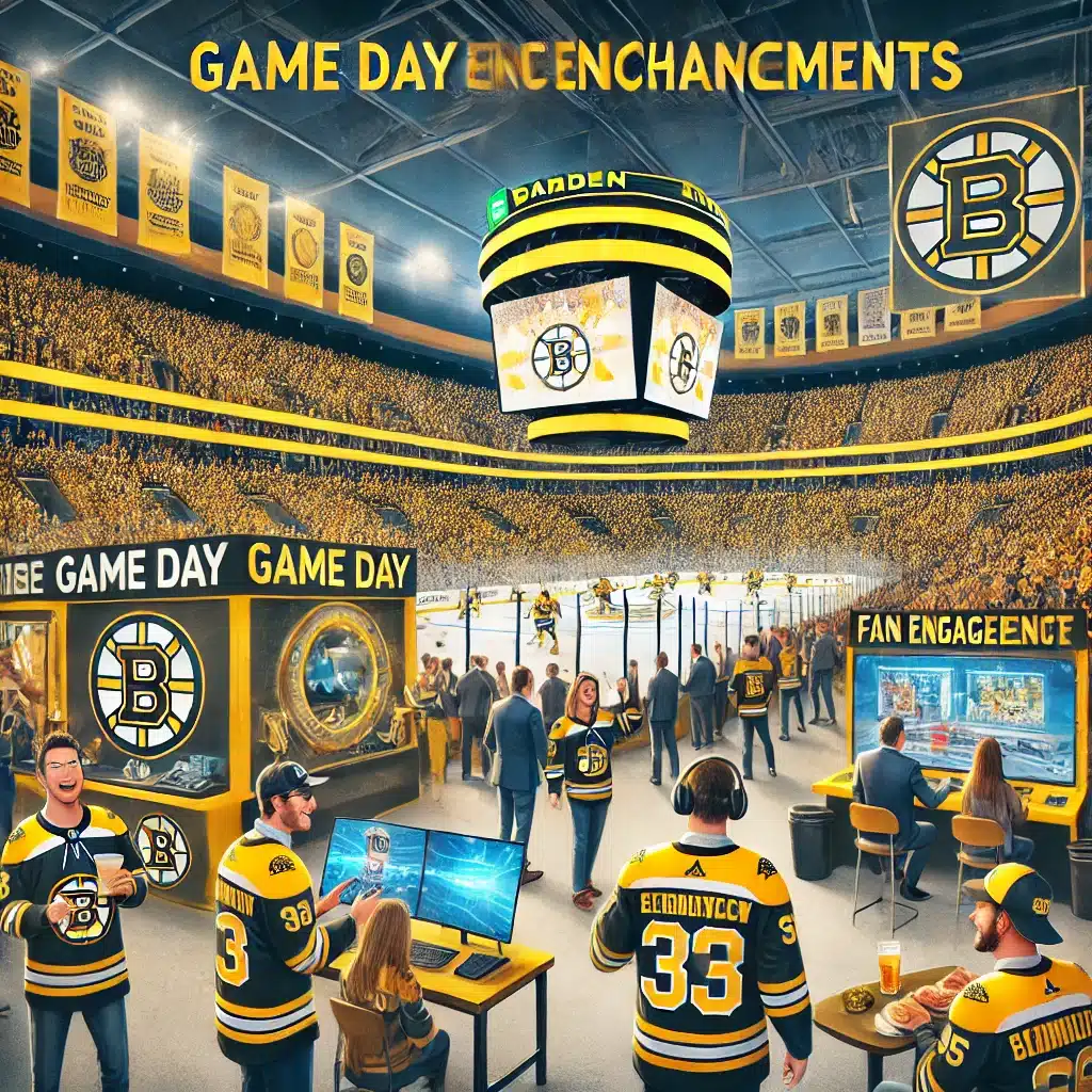 A lively image capturing the game day experience enhancements at TD Garden during a Bruins game. The image should showcase fans interacting 