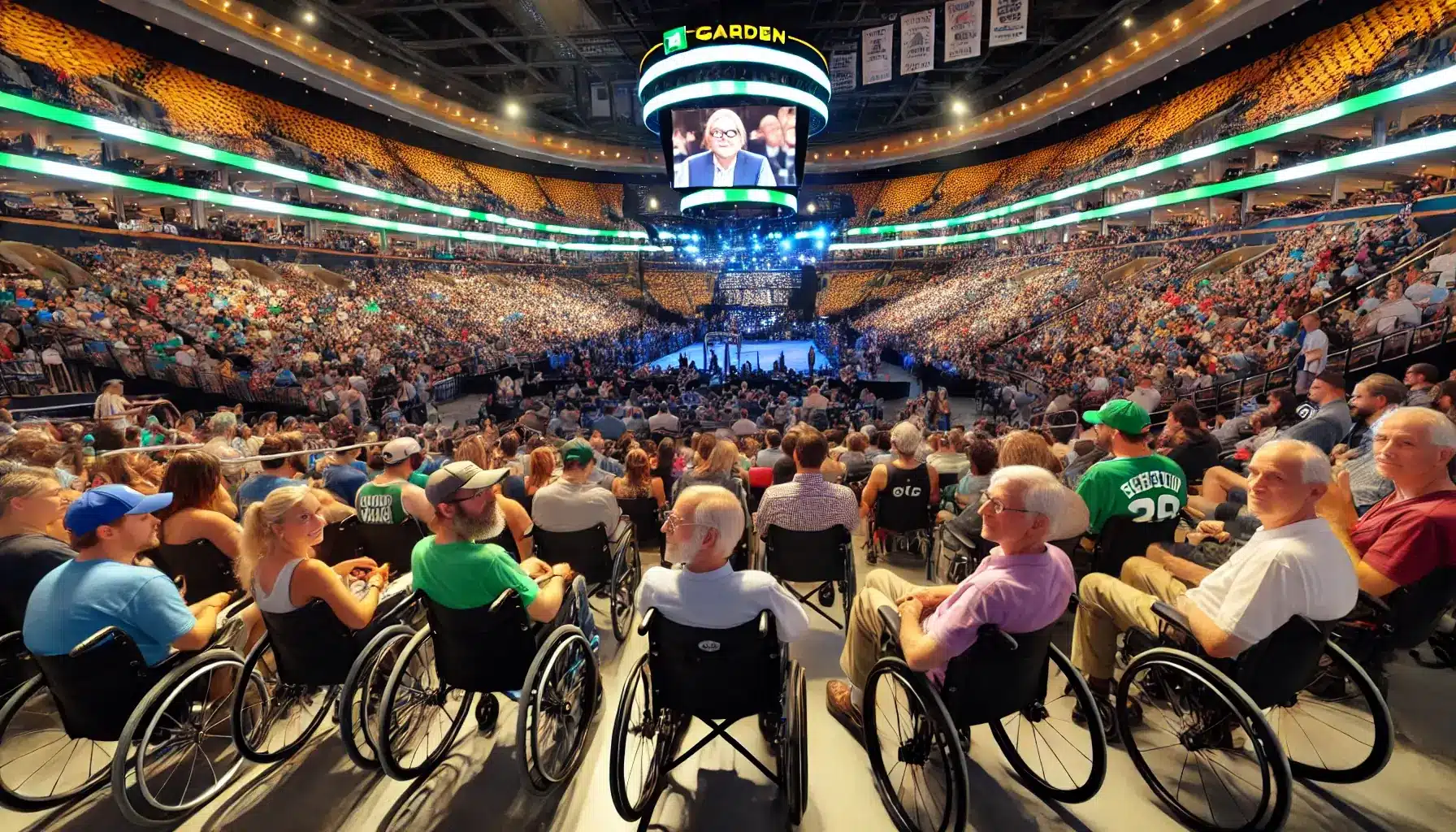 A lively scene of a game show at TD Garden with a diverse audience, including people with accessibility needs. The image shows people in wheelchairs, 