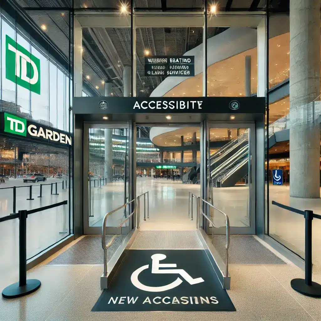 A modern and accessible entrance to TD Garden. The image shows wide, automatic glass doors with a clear accessibility sign featuring a wheelchair icon