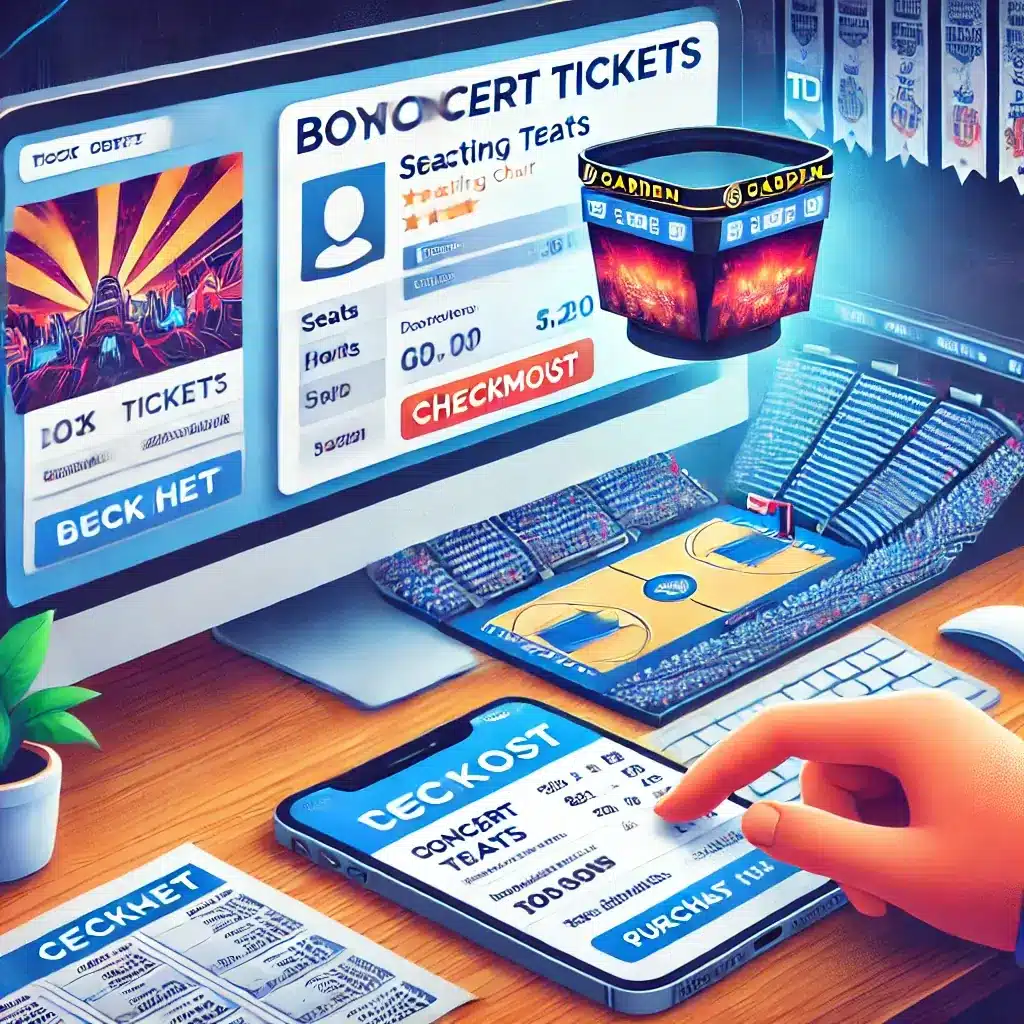 A step-by-step visual guide for buying concert tickets online, featuring a computer or smartphone screen with a user selecting seats on a seating charts