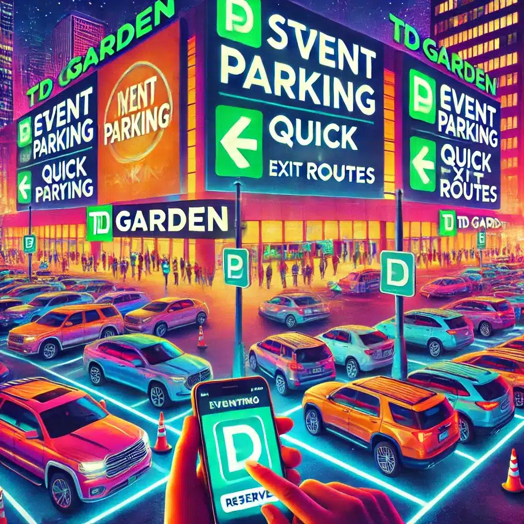 A vibrant and lively image showing stress-free parking tips for TD Garden events. The scene features a brightly lit parking area near TD Garden