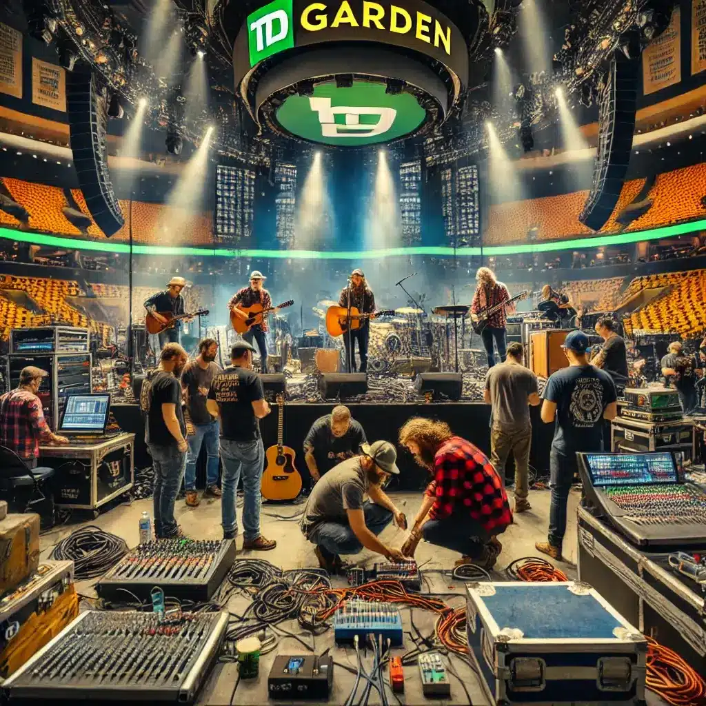 A vibrant backstage scene at TD Garden, featuring musicians, technicians, and performers preparing for a big event. The image captures the energy 