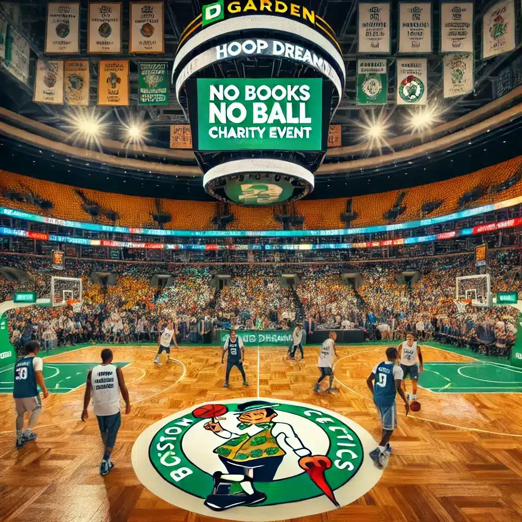 A vibrant scene inside TD Garden featuring a charity basketball event with corporate teams playing on the famous Celtics' parquet floor.