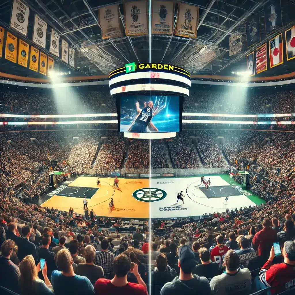 An action-packed scene at TD Garden during a major sporting event. The image shows a split-screen view of a basketball game and Hockey 
