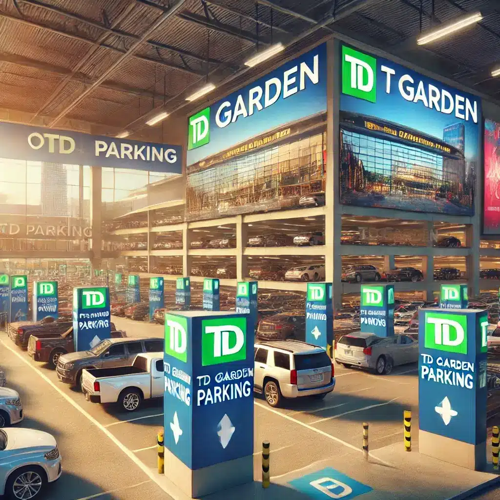 An image depicting official parking options at TD Garden. The image features a clean and modern parking facility with clear signage indicating 'TD Garden