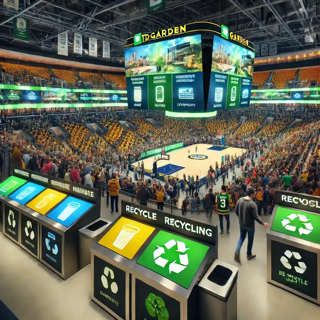 An image depicting the waste reduction and recycling programs at TD Garden in Boston. The scene includes clearly marked recycling bins for different type of Waste 1 TDGARDEN