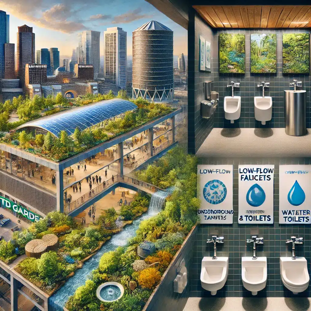  An image depicting water conservation efforts at TD Garden in Boston. The scene includes a closer look at rainwater harvesting systems