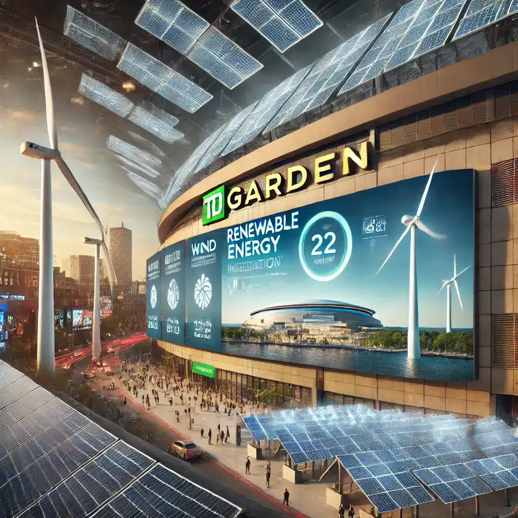 An image showcasing the renewable energy integration at TD Garden in Boston. The scene includes solar panels installed on the arena’s roof, wind turbines