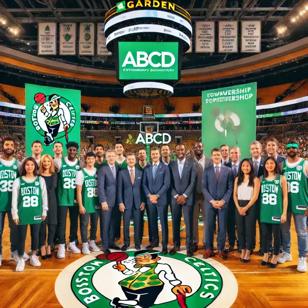 An image showing the partnership between the Boston Celtics and ABCD. The scene includes representatives from the Celtics and ABCD standing together 