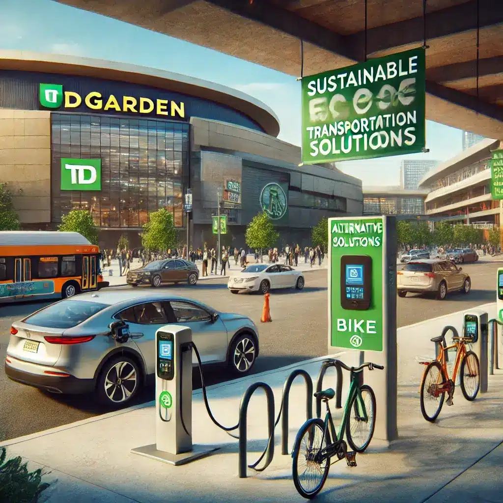  An image showing the sustainable transportation solutions at TD Garden in Boston. The scene highlights electric vehicle charging stations 