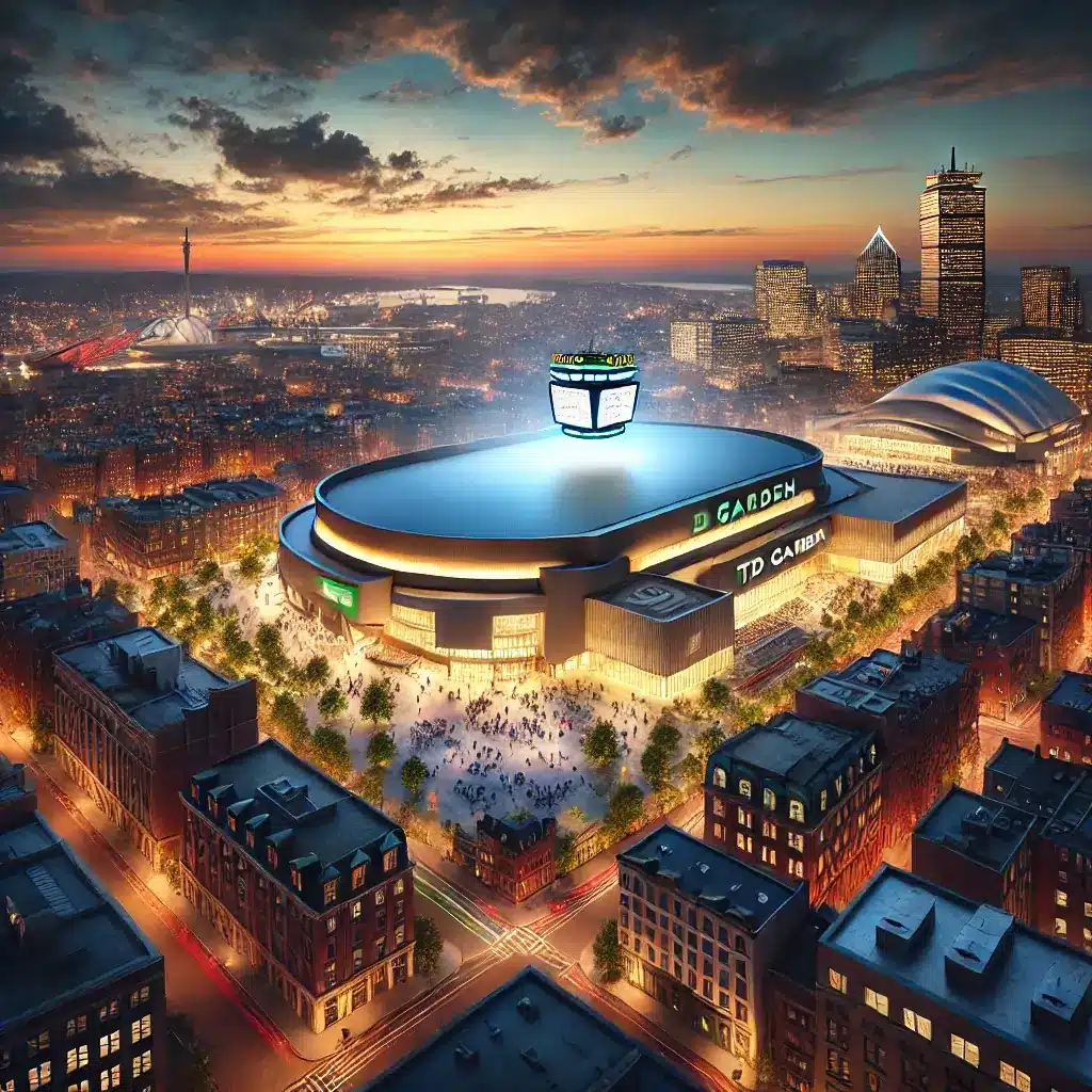 An image symbolizing the conclusion of the architectural journey of TD Garden, highlighting its significance in Boston. The scene shows a panoramic view