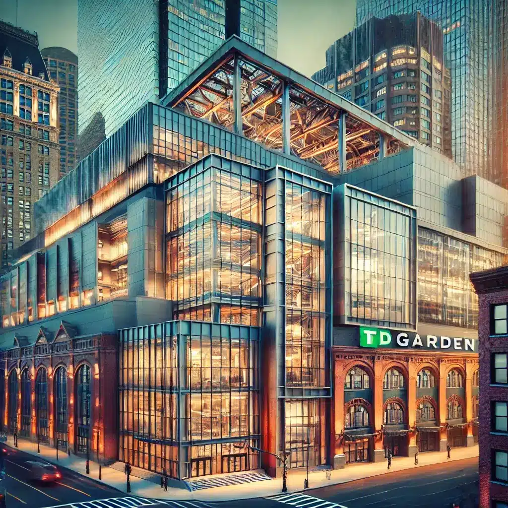 An artistic image showcasing the architectural significance of TD Garden in Boston. The scene emphasizes the blend of traditional and modern architect