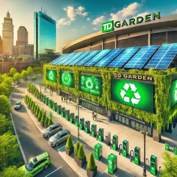 Image of TD Garden in Boston, focusing on its sustainability efforts. The scene highlights solar panels on the roof, lush green landscaping.