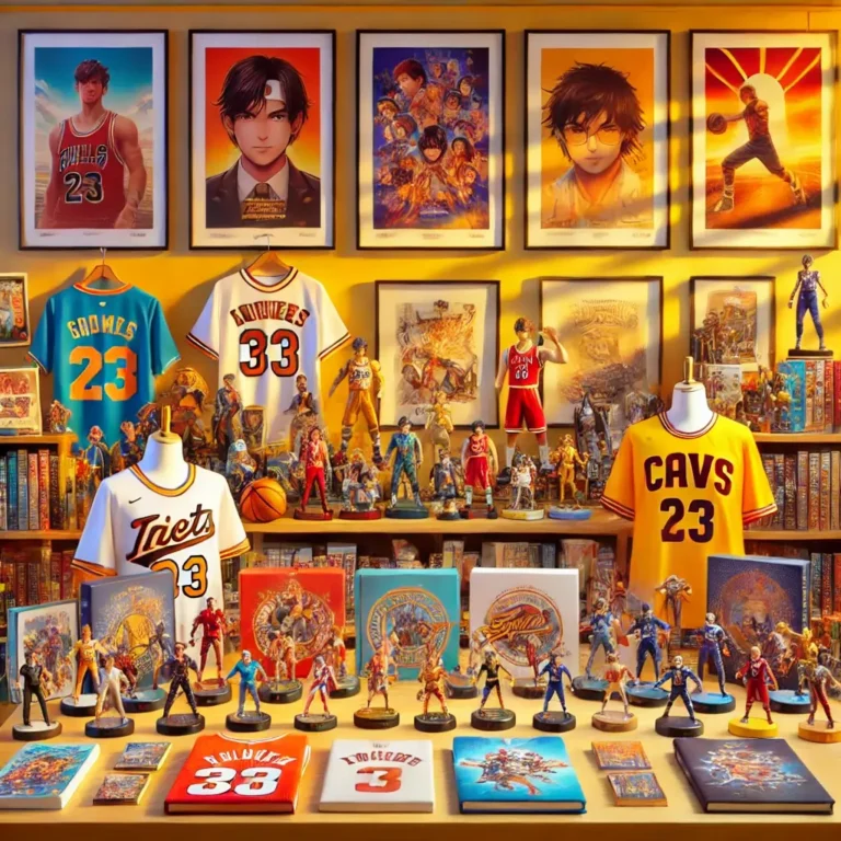 image displaying a collection of fan merchandise, including collectible figurines, signed sports jerseys, limited edition prints,
