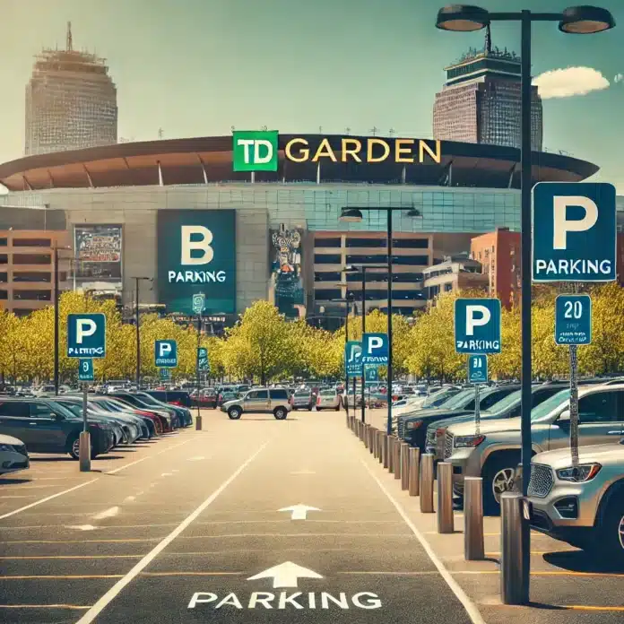 image of a parking lot with clear signage, featuring cars parked neatly. In the background, there is a cityscape with a large event