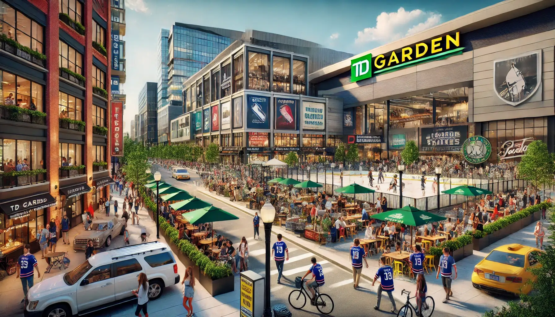 Amnities around Td Gardena -street with people and tables and people walking around