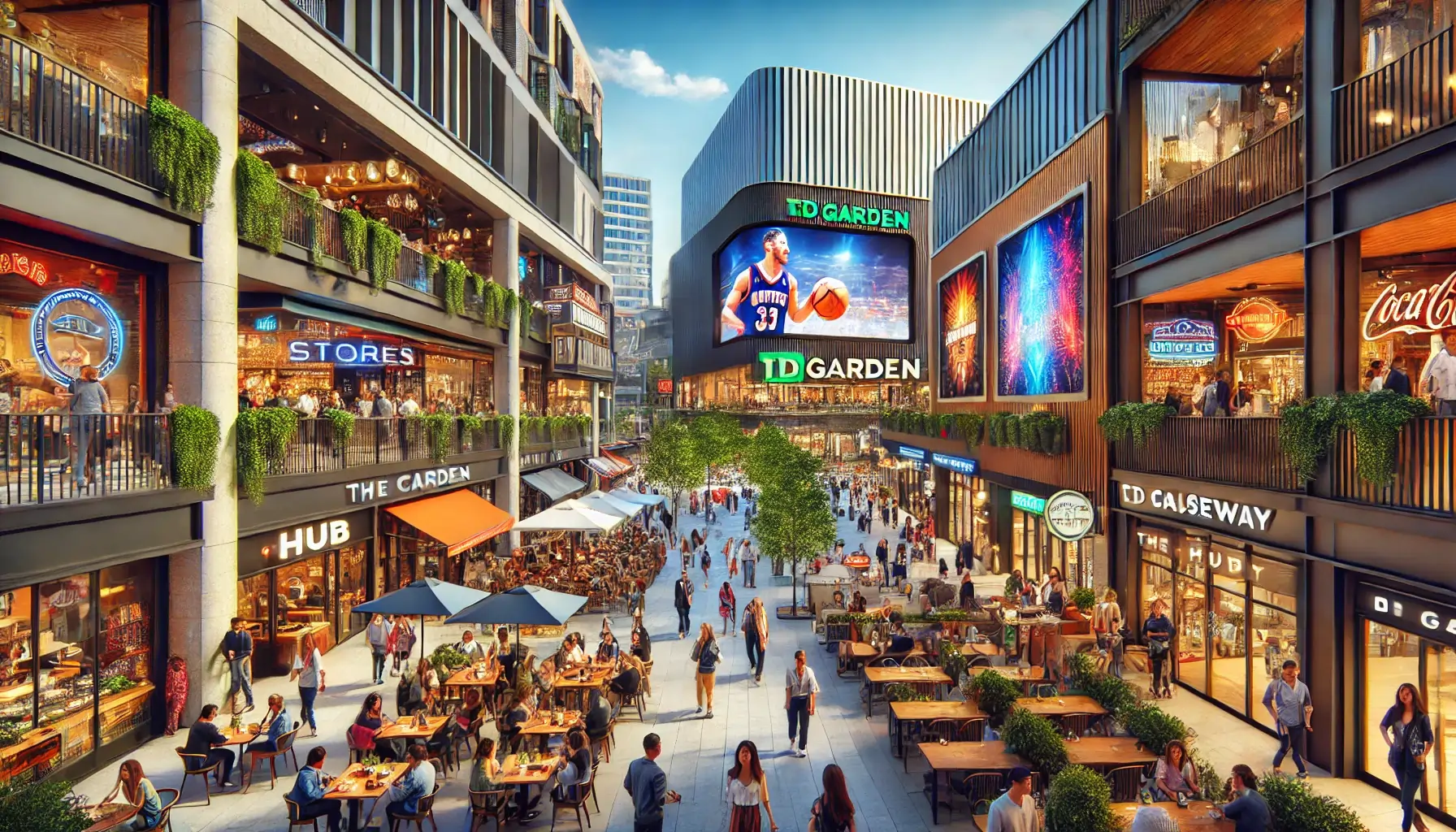  A Image showcasing the shopping and entertainment options near TD Garden in Boston, specifically at The Hub on Causeway. 