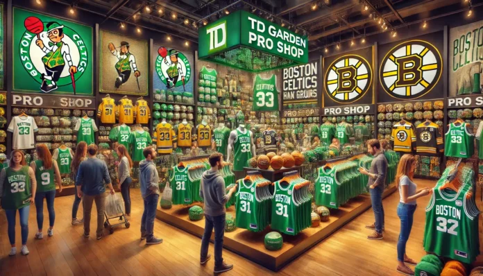 A image of the TD Garden pro shop packed with top souvenirs and fan gear for Boston Celtics and Bruins fans.