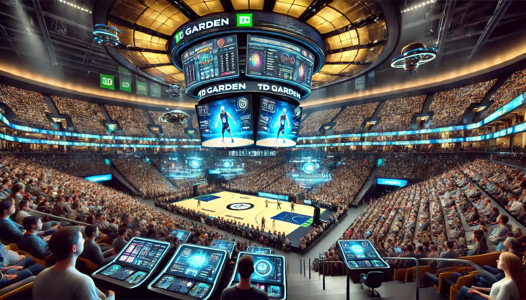 A  interior view of TD Garden showcasing cutting-edge technological innovations. The scene includes an advanced digital scoreboard hovering 