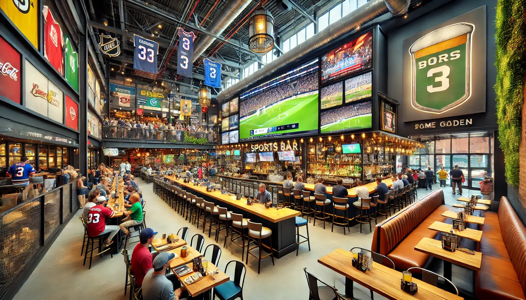 A lively and welcoming sports bar near TD Garden, featuring large screens showing a game, cozy booths, high tables, and a long wooden bar. The bar has