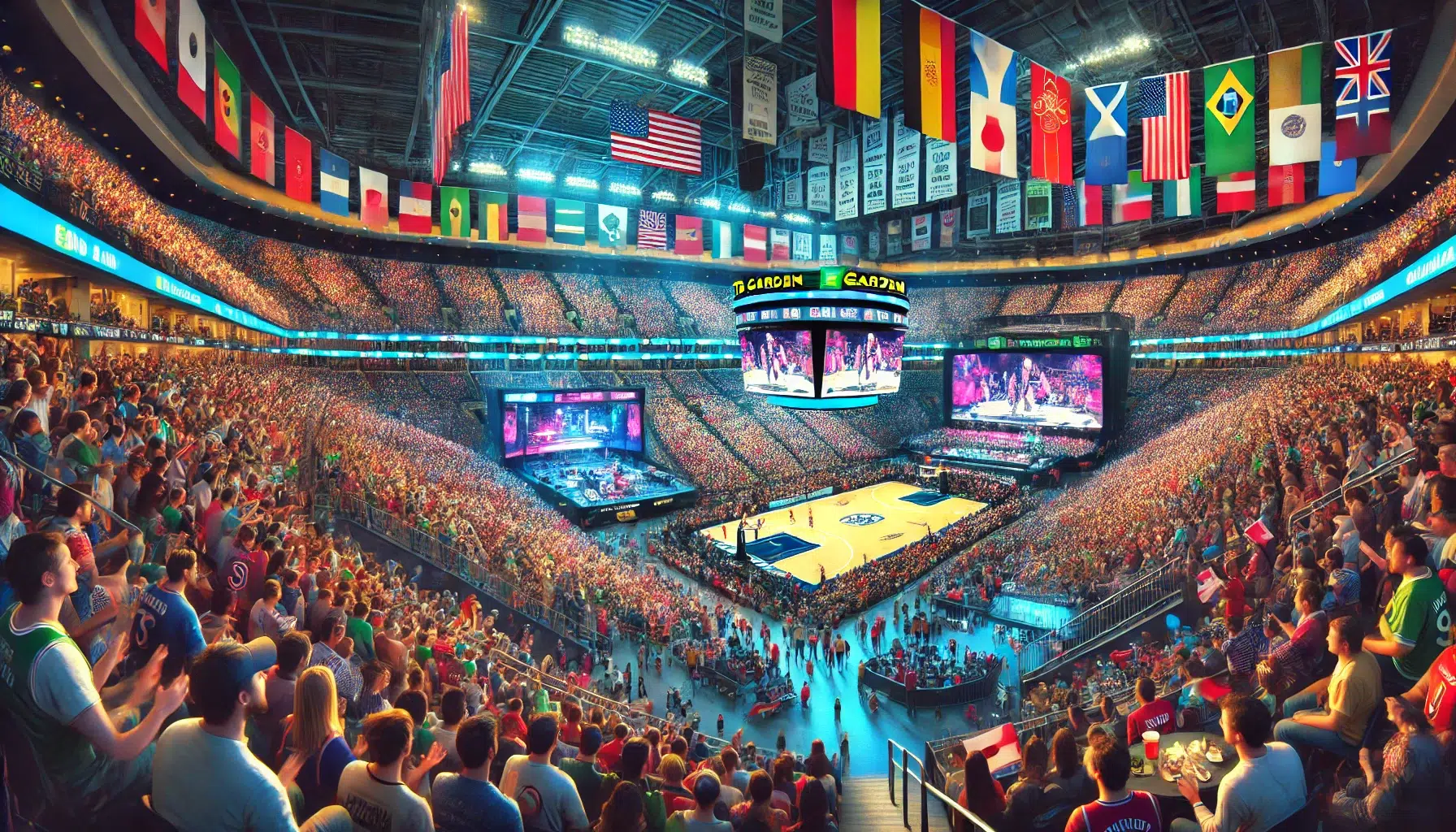 A vibrant scene inside TD Garden stadium, filled with international travelers enjoying a mix of events, from sports games to concerts. The large arena